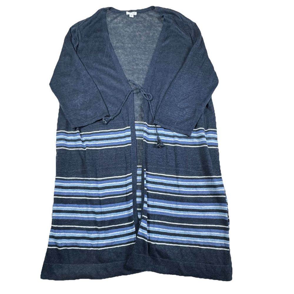 J Jill Cardigan Womens Size Large XL‎ Blue Striped Linen Blend Sweater Lagenlook